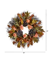 22" Autumn Hydrangea, Dried Lotus Pod Artificial Fall Wreath
