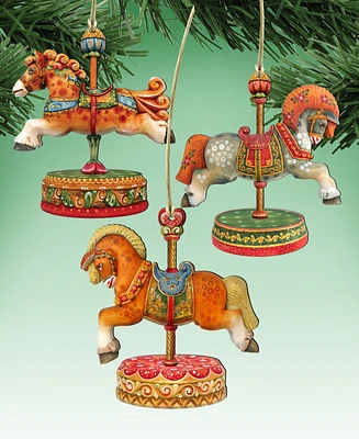 Designocracy 3 Piece Carousel Horses Wood Ornaments Set