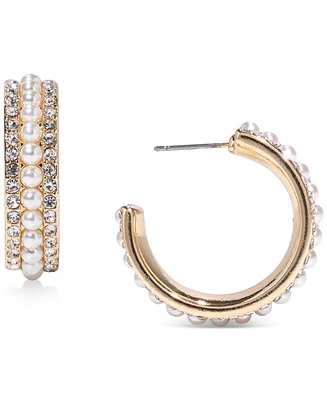 Charter Club Gold-Tone Medium Pave & Imitation Pearl C-Hoop Earrings, 1.15", Created for Macy's