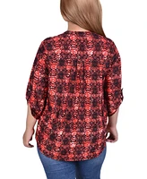 Ny Collection Plus 3/4 Roll Tab Sleeve Y-Neck Top