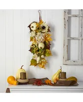 33" Fall Sunflower, Hydrangea and White Pumpkin Artificial Autumn Teardrop