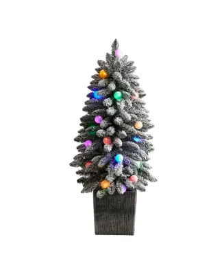 Flocked Highland Fir Artificial Christmas Tree with 127 Bendable Branches and 20 Led Globe Lights in Decorative Planter, 3'