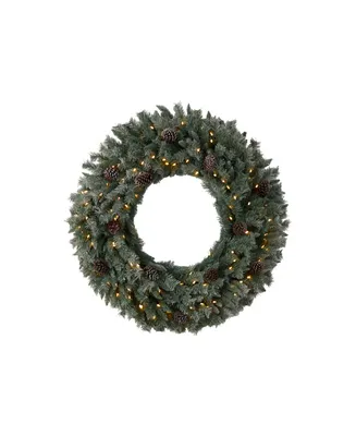 Large Flocked Artificial Christmas Wreath with Pinecones, 150 Clear Led Lights and 360 Bendable Branches, 4'