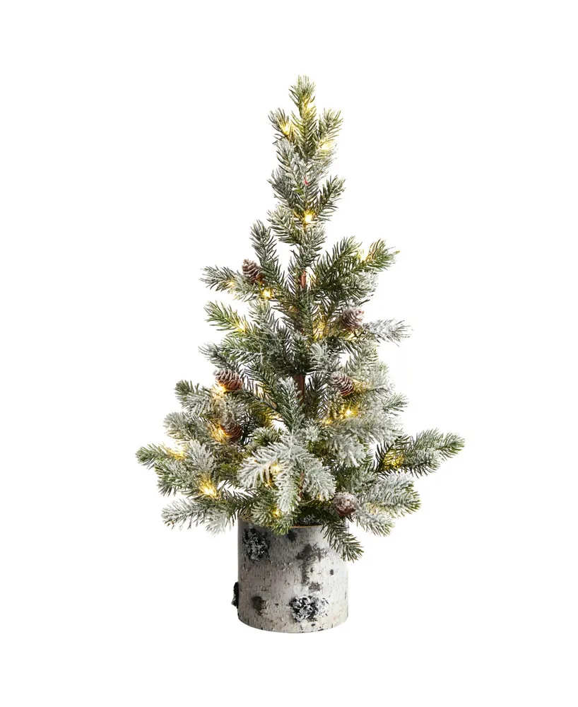 Flocked Christmas Artificial Tree in Decorative Birch Bark Planter with 30 Led Lights, 24"