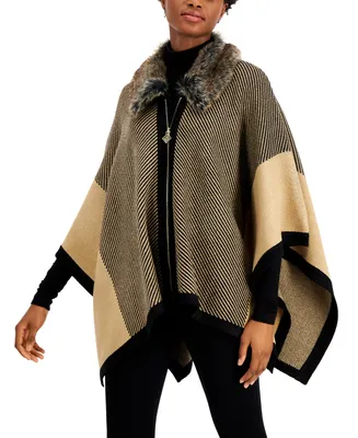 Anne Klein Faux-Fur Collar Zip-Front Poncho Sweater