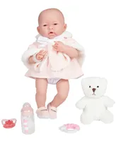 Jc Toys La Newborn 15" Real Girl Baby Doll with Teddy Bear Set, 9 Pieces