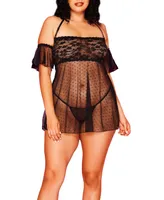 Odette Plus Dot Mesh and Lace Babydoll with Halter Strap, Cold Shoulder Design Matching G-String