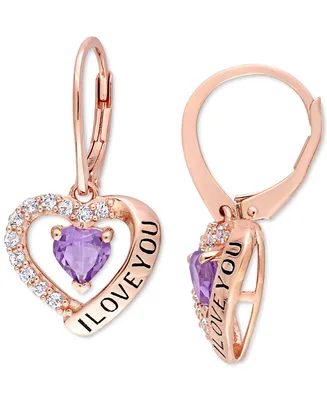 Amethyst (4/5 ct. t.w.) & White Topaz (5/8 ct. t.w.) Heart "I Love You" Leverback Drop Earrings in 18k Rose Gold-Plated Sterling Silver