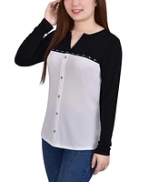 Ny Collection Petite Long Sleeve Studded Colorblocked Split Neck Top