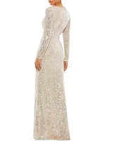 Mac Duggal Women's Ieena Sequined Faux Wrap Long Sleeve Column Gown
