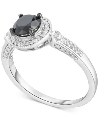 Black Diamond (7/8 ct. t.w.) & White (1/6 Halo 18" Ring Sterling Silver
