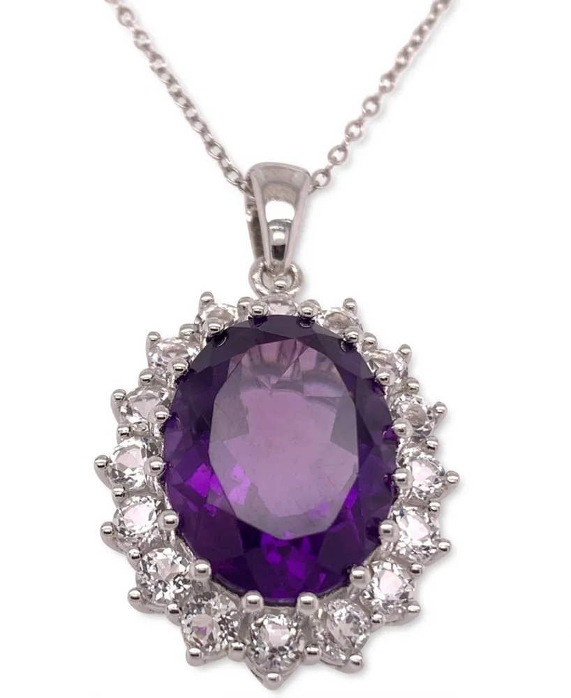 Amethyst (10 ct. t.w.) & White Topaz (2 ct. t.w.) Oval Halo 18" Pendant Necklace in Sterling Silver (Also in Mystic Quartz & Green Amethyst)