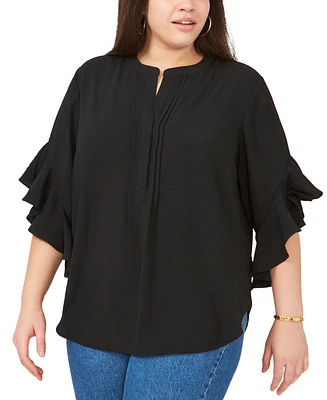 Vince Camuto Plus Pintuck Flutter 3/4-Sleeve Henley Blouse