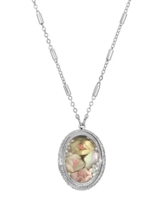 2028 Flower Silver-tone oval Multicolor Rose Necklace