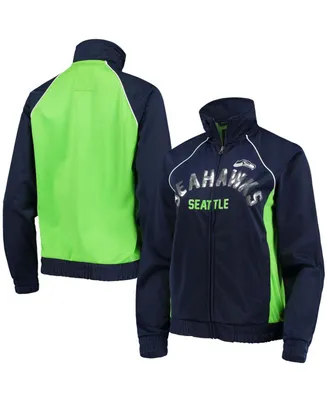 Women's College Navy and Neon Green Seattle Seahawks Backfield Raglan Full-Zip Track Jacket