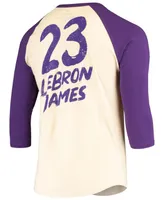 Men's LeBron James Cream and Purple Los Angeles Lakers Raglan 3/4 Sleeve T-shirt