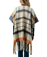 Marcus Adler Women's Open-Front Plaid Fringe-Trim Cape Sweater