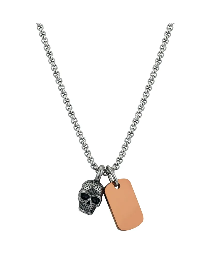 Men's Stainless Steel Skull Tag Charm Pendant Necklace - Silver