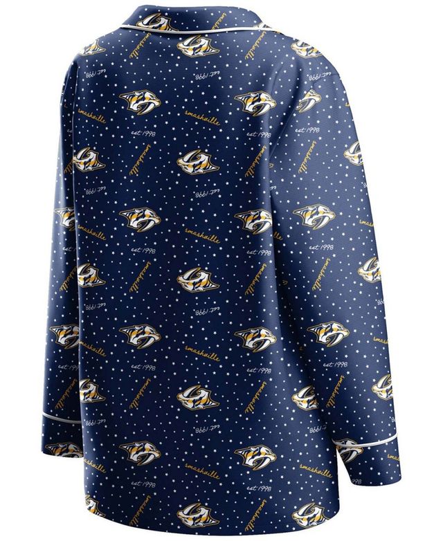 Women's Navy Nashville Predators Long Sleeve Button-Up Shirt Pants Sleep Set