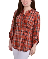 Petite Plaid Y Neck Top