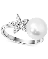 Cultured Freshwater Pearl (9mm) & Cubic Zirconia Flower Ring in Sterling Silver