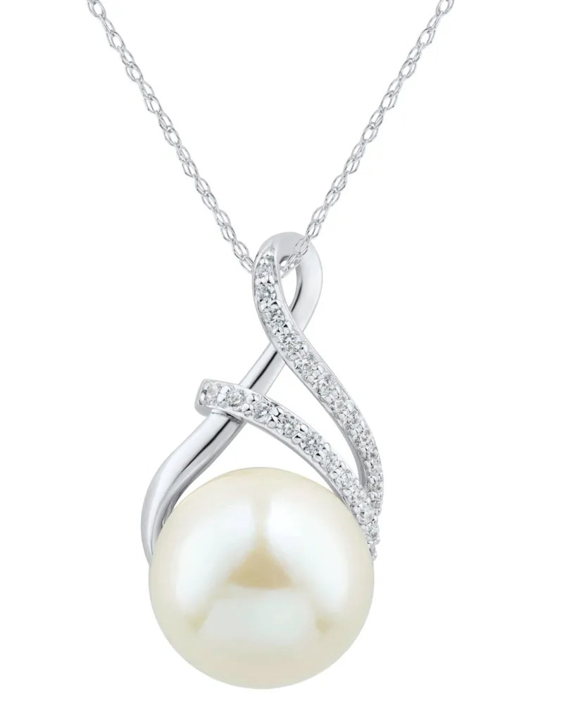 Macy's Cultured Ming Pearl (12mm) & Diamond (1/8 ct. t.w.) 18 Pendant  Necklace in 14k White Gold