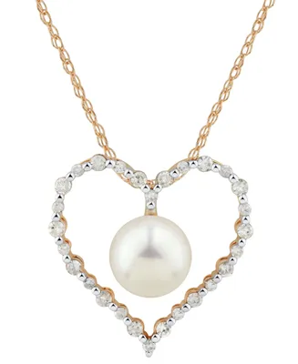 Cultured Freshwater Pearl & Diamond (3/8 ct. t.w.) Heart 18" Pendant Necklace 14k Gold