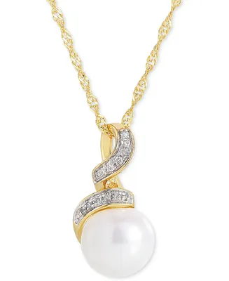 Cultured Freshwater Pearl (7mm) & Diamond Accent Swirl Pendant Necklace in 14k Gold, 16" + 2" extender