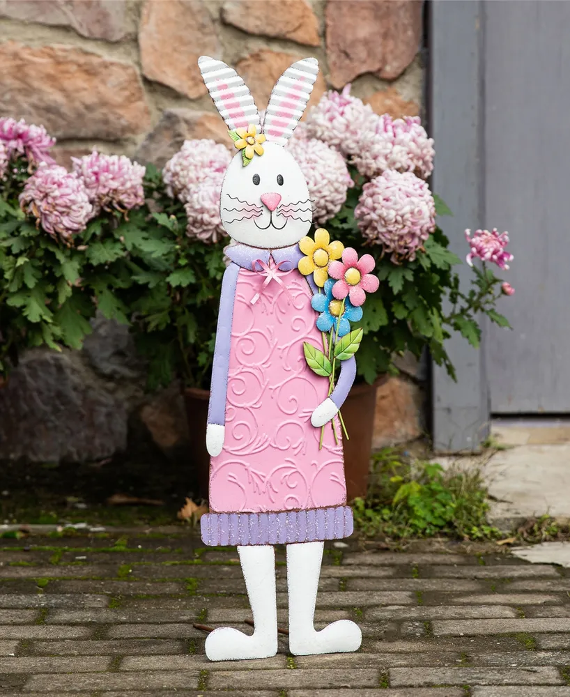 Glitzhome Metal Bunny Girl Yard Stake or Standing Decor or Wall Decor, 36"