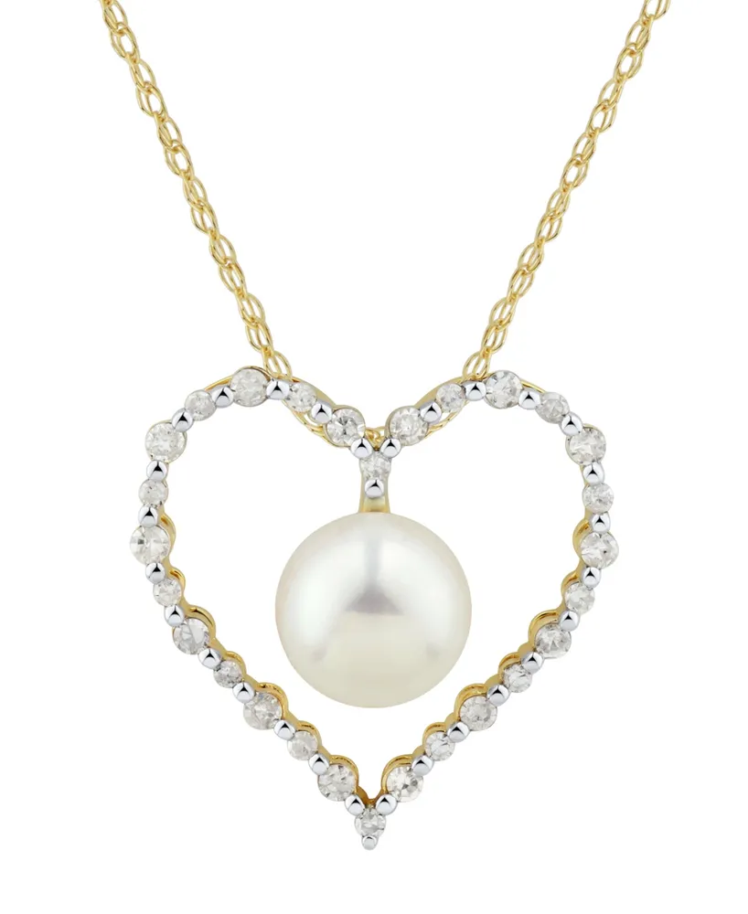 Cultured Freshwater Pearl & Diamond (3/8 ct. t.w.) Heart 18" Pendant Necklace in 14k Gold