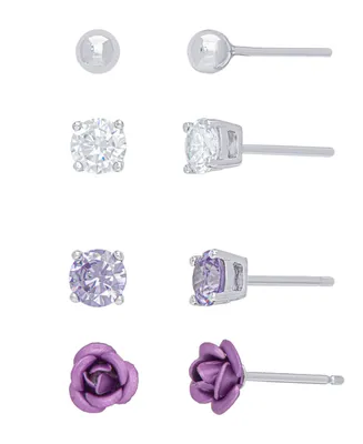 Ball, Clear, Cubic Zirconia and Rose Stud 4-Piece Earrings Set in Fine Silver Plate
