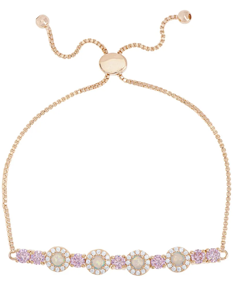 Simulated Opal and Pink Cubic Zirconia Round Adjustable Bolo Bracelet in Fine Rose Gold Plate
