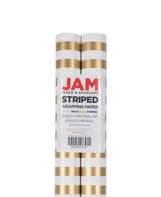 Jam Paper Gift Wrap 50 Square Feet Striped Wrapping Paper Rolls, Pack of 2 - Gold