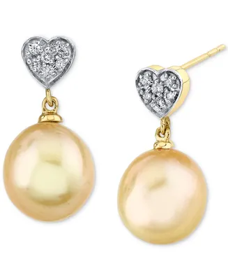 Cultured Golden South Sea Pearl (9mm) & Diamond Heart (1/10 ct. t.w.) Drop Earrings in 14k Gold
