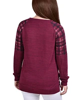 Women's Long Sleeve Knit Top with Print Shoulder Insets