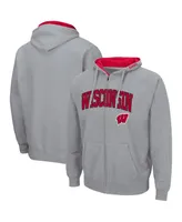 Men's Colosseum Heathered Gray Wisconsin Badgers Arch and Logo 3.0 Full-Zip Hoodie