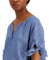 Charter Club Women's 100% Linen Split-Neck Tie-Cuff Top, Created for Macy's