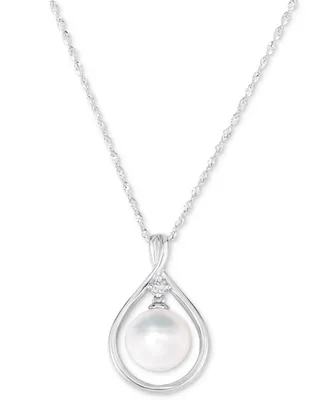 Cultured Freshwater Pearl (9mm) & Diamond (1/20 ct. t.w.) Pendant Necklace in 14k White Gold, 16" + 2" extender