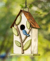 Glitzhome 9.75" Washed Birdhouse with 3D Tree and Bird - Off