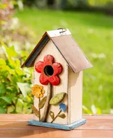 Glitzhome 10.25" Washed Birdhouse with 3D Flowers