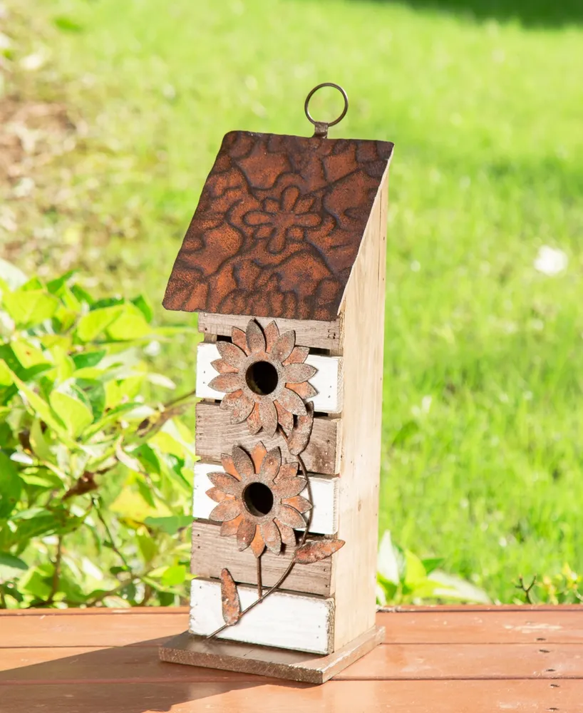 Glitzhome 14.5" Distressed Birdhouse with 3D Rustic Flowers