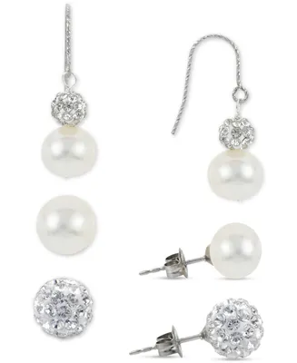 3-Pc. Set Cultured Freshwater Pearl (8 & 10mm) & Crystal Stud & Drop Earrings in Sterling Silver