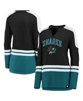 Women's Fanatics Black and Teal San Jose Sharks Iconic Slapshot Long Sleeve Notch Neck T-shirt