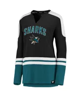 Women's Fanatics Black and Teal San Jose Sharks Iconic Slapshot Long Sleeve Notch Neck T-shirt