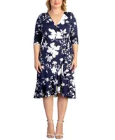 Kiyonna Plus Flirty Flounce Midi Wrap Dress with 3/4 Sleeves