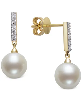 Belle de Mer Cultured Freshwater Pearl (8mm) & Diamond (1/6 ct. t.w.) Drop Earrings in 14k Gold, Created for Macy's