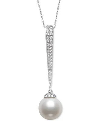 Belle de Mer Cultured Freshwater Pearl (9mm) & Diamond (1/5 ct. t.w.) Pave Elongated 18" Pendant Necklace in 14k White Gold, Created for Macy's
