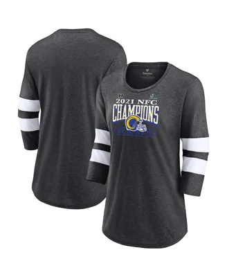 Women's Fanatics Heathered Charcoal Los Angeles Rams Super Bowl Lvi Bound Classic Play Stripe 3/4-Sleeve Scoop Neck T-shirt