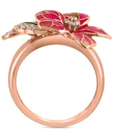 Effy Pink & Green Enamel & Diamond Flower Ring (1/5 ct. t.w.) in 14k Rose Gold