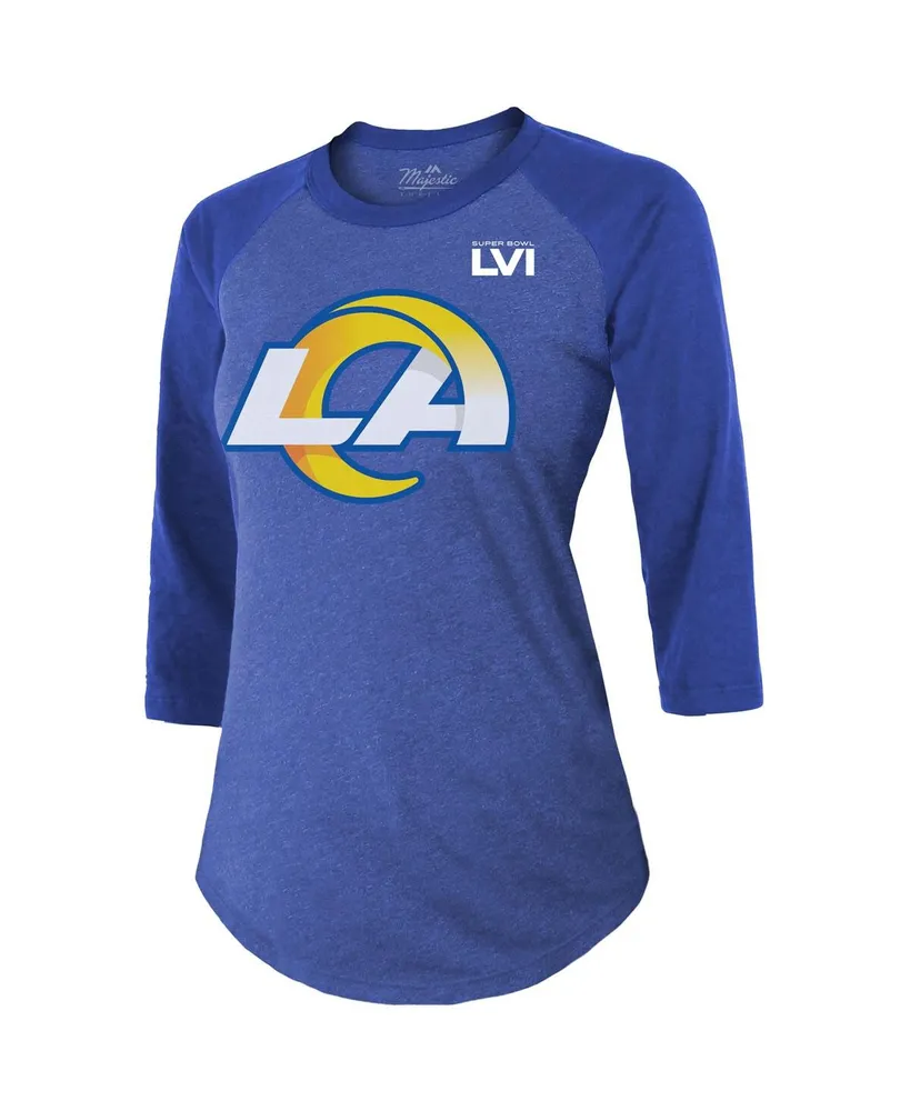 Women's Majestic Cooper Kupp Royal Los Angeles Rams Super Bowl Lvi Bound Name and Number Raglan 3/4 Sleeve T-shirt